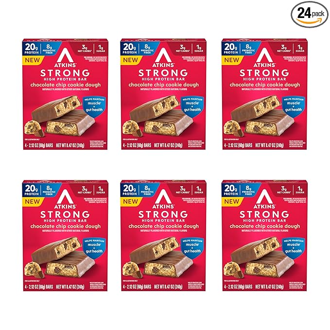 Atkins Strong Chocolate Chip Cookie Dough High Protein Bars, 20g Protein, 2g Sugar, 4 Count (Pack of 6)