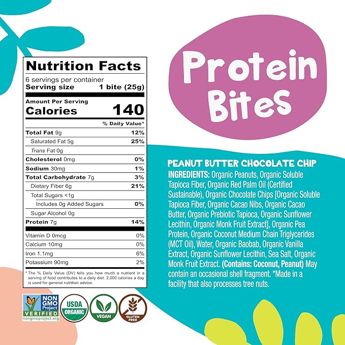 Bhu Foods Keto Bites, Peanut Butter Chocolate Chip Cookie Dough, Organic Keto Snacks for Adults & Kids, Gluten Free, Vegan, Low Carb & Sugar, Individually Wrapped (1 Pack)