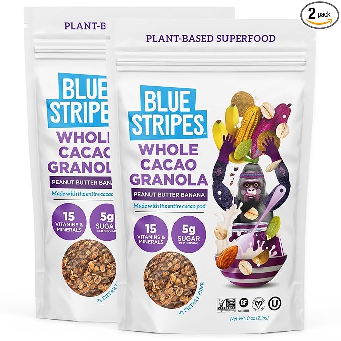 Blue Stripes Whole Cacao Granola (Peanut Butter Banana) - Gluten-Free, Low-Sugar, All-Natural, Non-GMO | No Refined Sugar | Vegan | No Artificial Ingredients | (2 Pack)