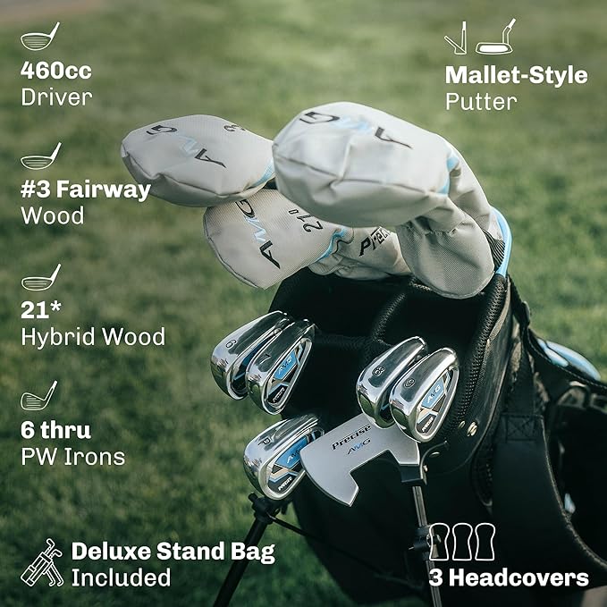 Precise AMG Right-Handed Complete Golf Clubs Set for Petite & Regular Height Women: 460cc Driver, 21° Hybrid, 3 Wood, 6-PW Stainless Irons, Putter, Stand Bag, 3 H/C's | Choose Your Color & Size