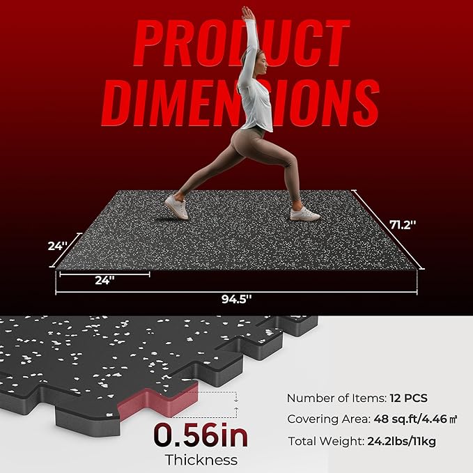 SUPERJARE 0.56'' Thick 12 Pcs 48 Sq Ft Rubber Top Exercise Equipment Mats, High Density EVA Foam Mats with Rubber Top, Interlocking Gym Flooring for Home Gym, Protective Workout Mat, Black/Grey