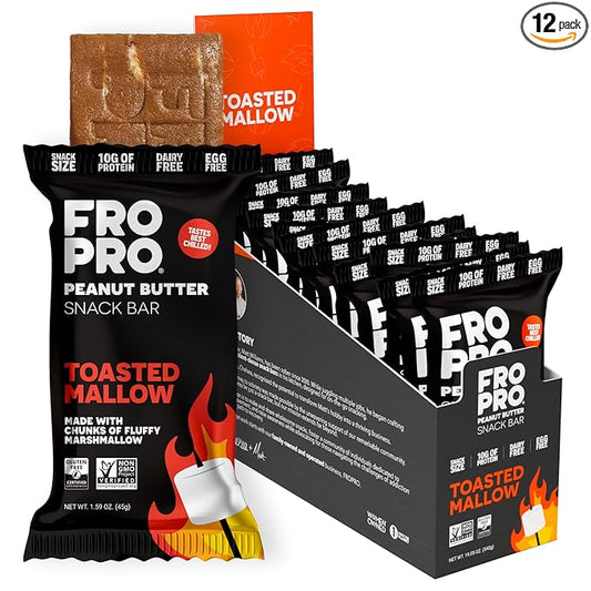 FROPRO Snack Bars - Plant Powered Peanut Butter Protein Bars. All-Natural, Gluten-Free, Dairy-Free, Egg-Free, & Non-GMO | Toasted Mallow, 12 Pack
