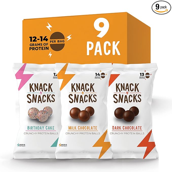 Knack Snacks | Crunchy Protein Balls - Variety Pack (9x 1.2oz Bags) | Lunchbox Ready, High Protein, Naturally Gluten Free, Lower Sugar, Great Snack for School, Work, Travel, Parties, Gaming, Anytime