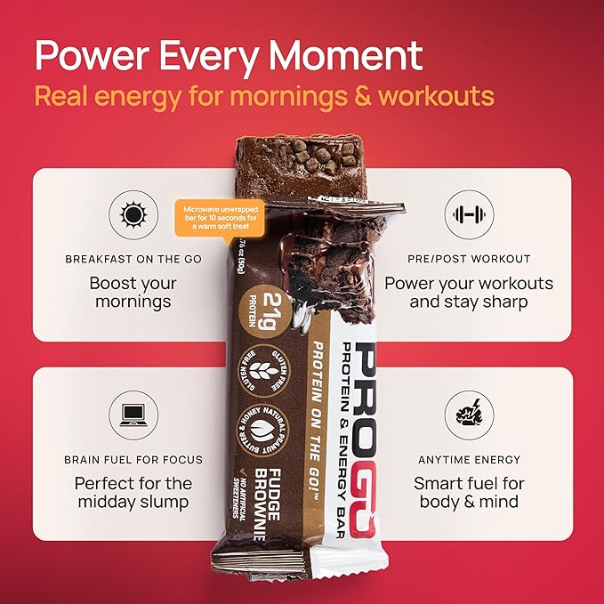 ProGo Protein Bars, Low Sugar, High Protein Snacks (21g) - 95% Pure Isolate for Faster Muscle Growth & Recovery, Low Calorie, Sweetened w/Peanut Butter & Honey (20-Count, Fudge Brownie)