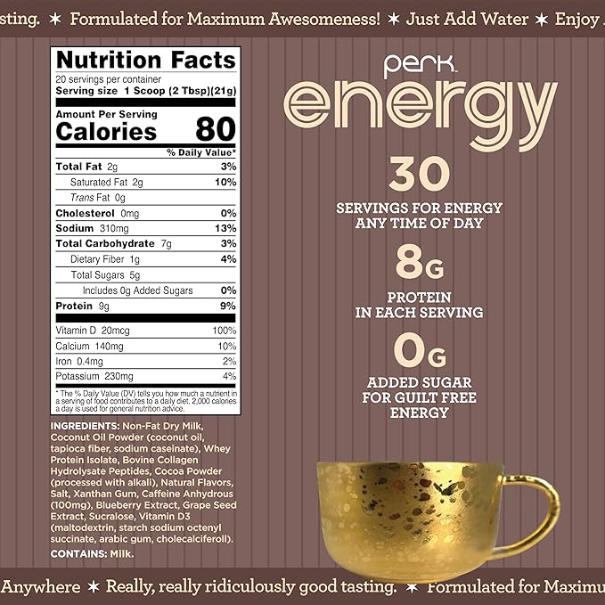 Perk Energy Original Dark Chocolate Salted Caramel Pretzel (20 Servings) - Gluten Free, Soy Free, Peanut Free