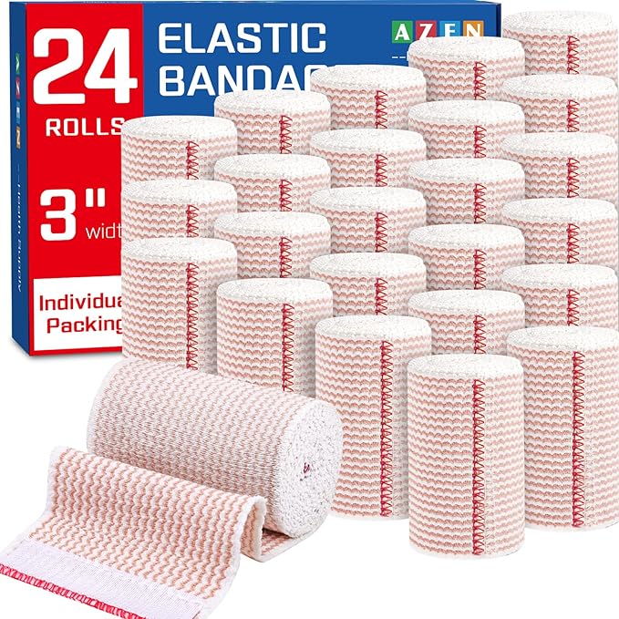 AZEN Premium 24 Pack Elastic Bandage Wrap 3 Inch, Compression Wrap Bandage for Legs, Lymphedema Wraps for Legs, Ankle, Knee, Tummy, Body