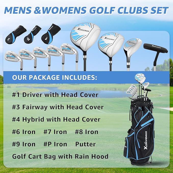 10 Pieces Complete Mens Womens Golf Clubs Set Right Hand for Men Women Includes Stand Bag with Rain Hood, 1#Driver 3#Wood #5 Hybrid,with 3 Head Covers, 6# 7# 8# 9# PW# Irons and Putter