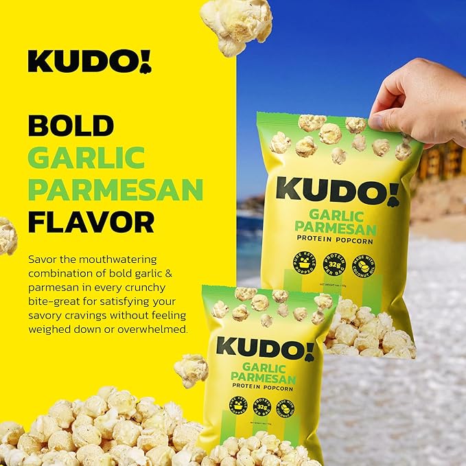 Kudo - Garlic Parmesan Kettle-Popped Protein Popcorn - Whole Grain, No Preservatives, No Artificial Flavors, Zero Trans Fat, Tasty Snack - 4oz