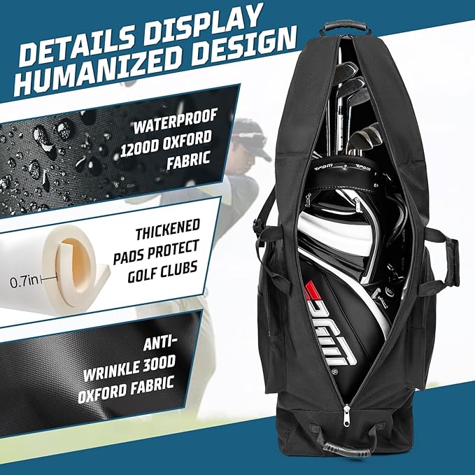Golf Travel Bag with Wheels, Portable Golf Club Travel Cover for Airlines, 4 Large Pockets,1200D Heavy Duty Wear-Resistant, Soft Sided Foldable Golf Travel Case for Easy Storage