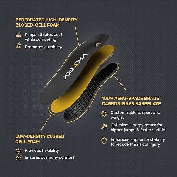VKTRY Gold for Cleated Shoes - Carbon Fiber Performance Insoles - Customized Inserts for Soccer & Track | Run Fast, Jump High, Land Soft, Support Recovery, US: Men 7-7.5, Women 9-9.5, 121-170 lbs