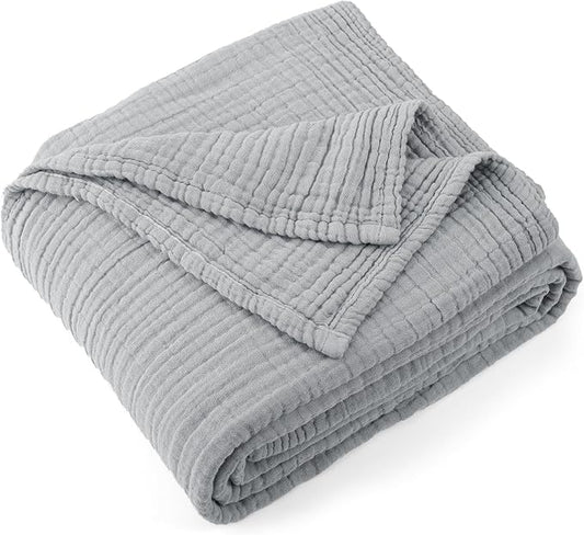 Carriediosa 100% Cotton Muslin Throw Blanket 108" X 90" King Size，4-Layers Summer Gauze Throws for Bed Couch，Soft Lightweight Breathable Linen Blankets Bedspread for Adults All Season，Grey