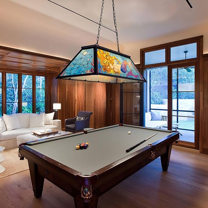 Wellmet Tiffany Pool Table lamp Hanging, Billiards Lamp for Game Room, 4-Lights Modern Chandeliers for Kitchen Island, Snooker Table, Party Men's Cave, Coastal Sea Ocean Style