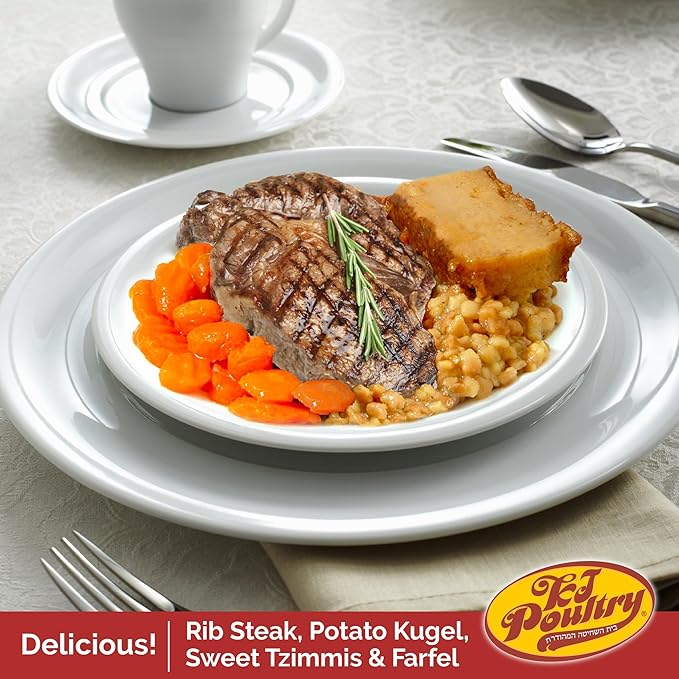 KJ Poultry Kosher Ready Meals - Beef Rib Steak & Kugel, MRE Meat Meals Ready to Eat, Shabbat Food (6 Pack) Prepared Entree Fully Cooked, Shelf Stable Microwave Dinner Travel Military Camping Survival