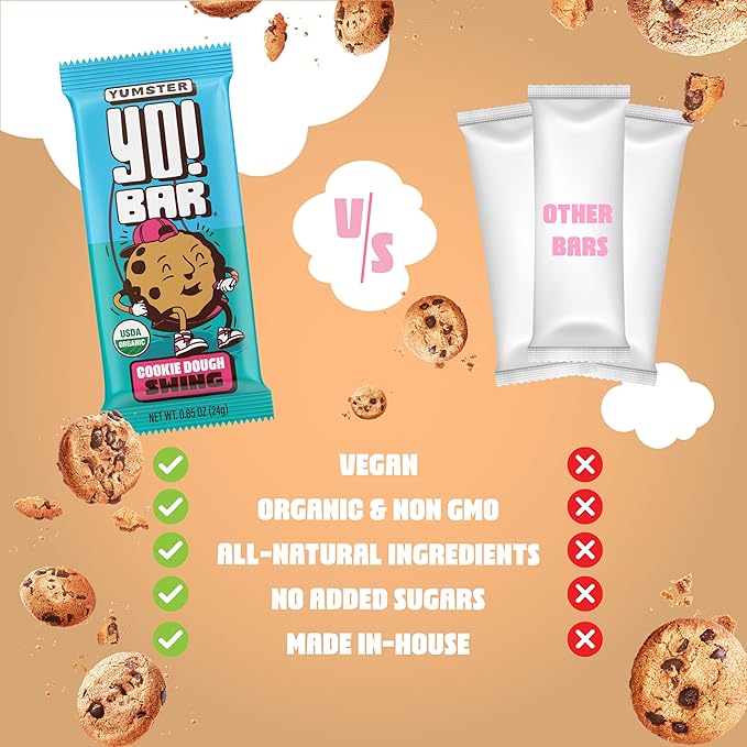 Yo! Bar by Bearded Brothers Vegan Organic Kids Bar, Cookie Dough (25 Bars) - Gluten Free, Paleo and Whole 30 | Soy Free, Non-GMO, Low Glycemic, No Sugar Added, Fiber + Whole Foods