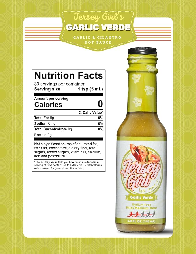 Jersey Girl Hot Sauce - Garlic Verde - No Added Salt - Naturally Sodium Free – All-Natural Healthy Ingredients with Hand-Picked Habaneros & Jalapeno Peppers - Mild/Medium Heat