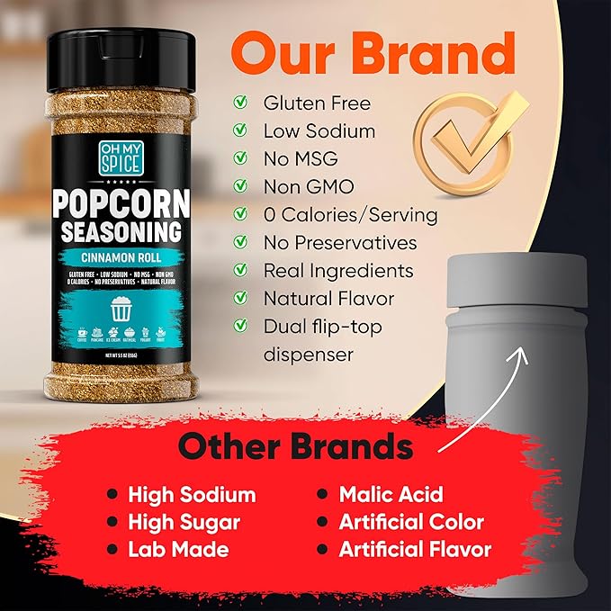 Popcorn Seasoning Buttery Cinnamon Roll Mix - Gluten Free & Low Sodium Cinnamon Powder Blend Popcorn Flavoring Seasoning. Healthy Movie Night Pop Corn Toppings. Sweet Pop Corn Salt Seasonings. 5.5oz