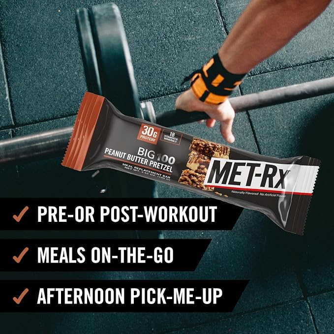 MET-Rx Big 100 Colossal Protein Bars, Great as Healthy Meal Replacement, Snack, and Help Support Energy, Peanut Butter Pretzel, With Vitamin A, Vitamin C, and Zinc, 100 g, (Pack of 9)