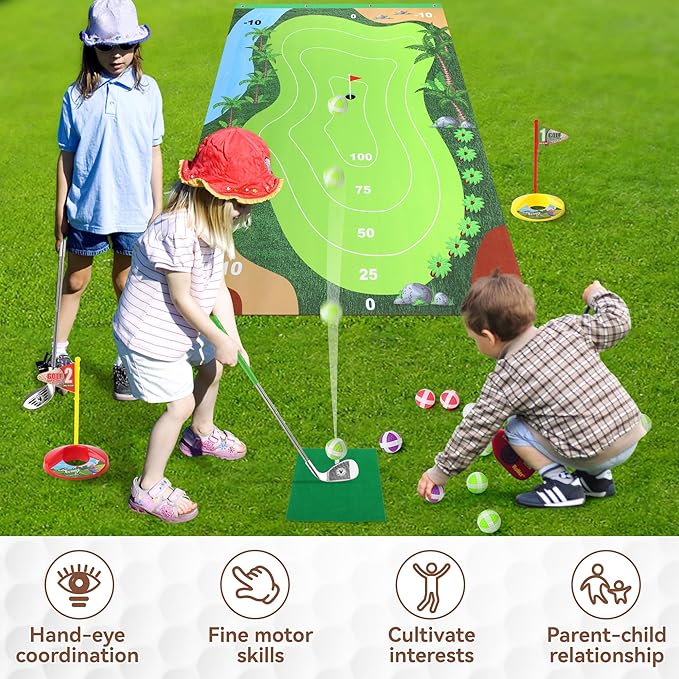 Liberry Kids Golf Set for 3 4 5 6 7 Years Old Boys Girls, Golf Chipping Game with Golf Mat, Sticky Balls, Storage Bag, Retractable Golf Clubs Outdoor Indoor Sports Toy Gift Toss Game (Silver)