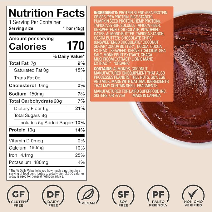 Laird Superfood Functional Protein Bars – Protein Bar but Better with Real Ingredients, Functional Mushrooms 10g Plant-Based Protein, 6g Fiber - Non-GMO - Dark Chocolate Sea Salt, 10 Count (Pack of 1)