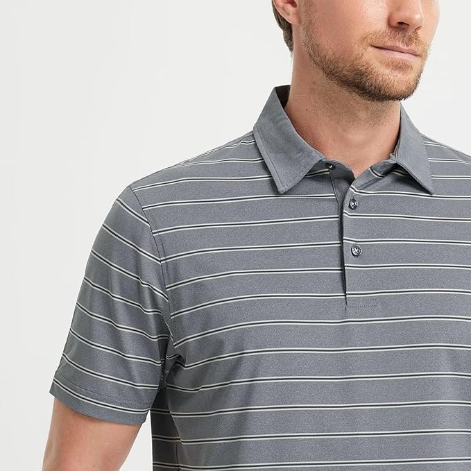 M MAELREG Golf Shirts for Men Moisture Wicking Striped Polo Performance Dry Fit Business Sports Mens Polo Shirts Short Sleeve