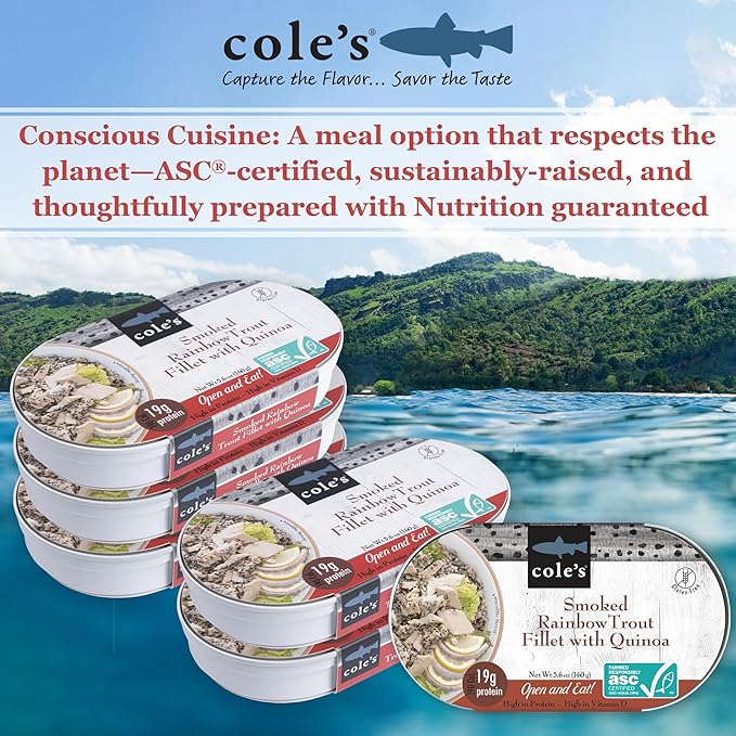 COLE’S - Smoked Rainbow Trout Fillet with Quinoa | Open & Ready to Eat Meal | 5.6 oz Canned & Hand-Packed | 19g Protein | High in Vitamin D | 6 pack