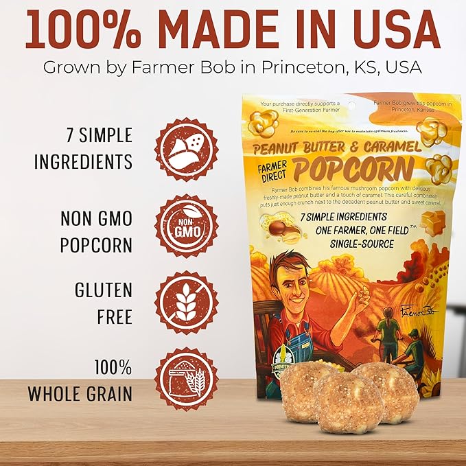 Gourmet Popcorn Bags, Peanut Butter Caramel Corn, Vegan, Gluten Free, Non-GMO, 7 Ingredient, Healthy Resealable Snack, 6oz Bag, Perfect Snacks for Adults, Peanut Butter Pretzels Flavor Farmer Direct - PuffyCrunch by Princeton Popcorn USA Made