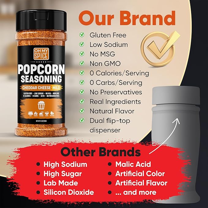 Popcorn Seasoning Cheddar Cheese Powder Mix - Gluten Free & Low Sodium Mild Nacho Cheese Powder Flavor Popcorn Flavoring Seasoning. Movie Theater Pop Corn Topping. Spicy Pop Corn Salt Seasonings 4.2oz