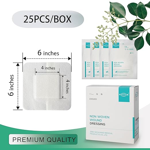 6X6 Inches Sterile Adhesive Island Wound Dressing Bandages - Extra Large Non Woven Cover with Bordered Gauze Pads, 25 Individually Pack, High Absorbent, Medical Grade by QICHUANG(6X6 INCHES - C25)