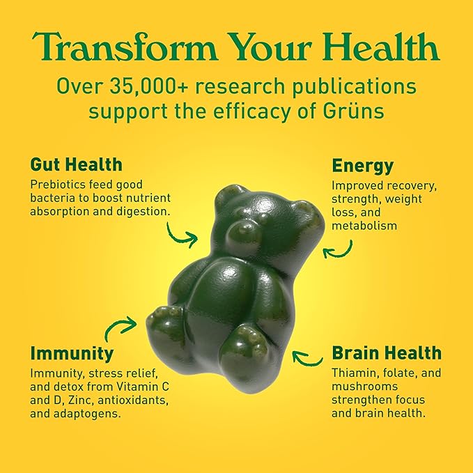 Gruns Adults Super Greens Gummies, Multivitamin Superfood Gummy Bears, Spirulina, Chlorella, Prebiotics & Fiber Gummies for Digestive Health, Adaptogens Supplement, 20 Vitamins & Minerals, 10 Count