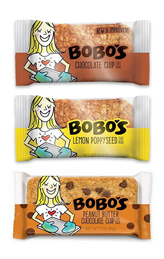 Bobo's Oat Bars, Variety Sampler Flavors, 3 oz Bar, 3 Chocolate Chip, 3 Lemon Poppyseed, 3 Peanut Butter Chocolate Chip, Gluten Free Whole Grain Snack and Breakfast Bar, 9 Pack
