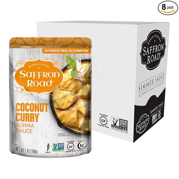 Saffron Road Coconut Curry Simmer Sauce | Globally Inspired Simmer Sauce | Gluten-free, Vegetarian, Non-GMO, and Certified Halal and Kosher | 7.0oz Pouch | Pack of 8