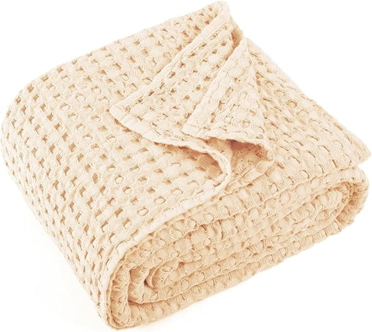 Carriediosa 100% Cotton Waffle Weave Blanket 400GSM Breathable Thermal Blankets for Bed Couch Sofa Soft and Cozy Throws for All Season Home Decor, 50"X 60" Light Yellow