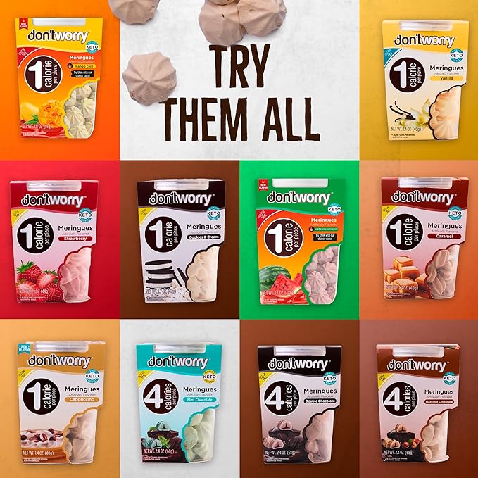Don't Worry Low Calorie Meringue Cookies - 6 Pack - Strawberry, Vanilla and Cookies&Cream, Just 1 Calorie per Piece | Low Sugar Candy, Gluten Free | Keto Cookies and Healthy Snacks for Adults