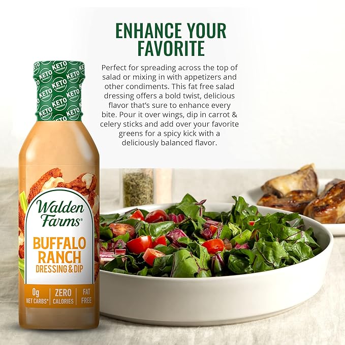 Walden Farms Buffalo Ranch Dressing & Dip – Calorie-Free, Gluten-Free, Low Carb, Keto-Friendly, Sugar-Free, Fat-Free, Dairy-Free Spicy Buffalo Ranch Flavor – 2-Pack, 12 oz Bottles