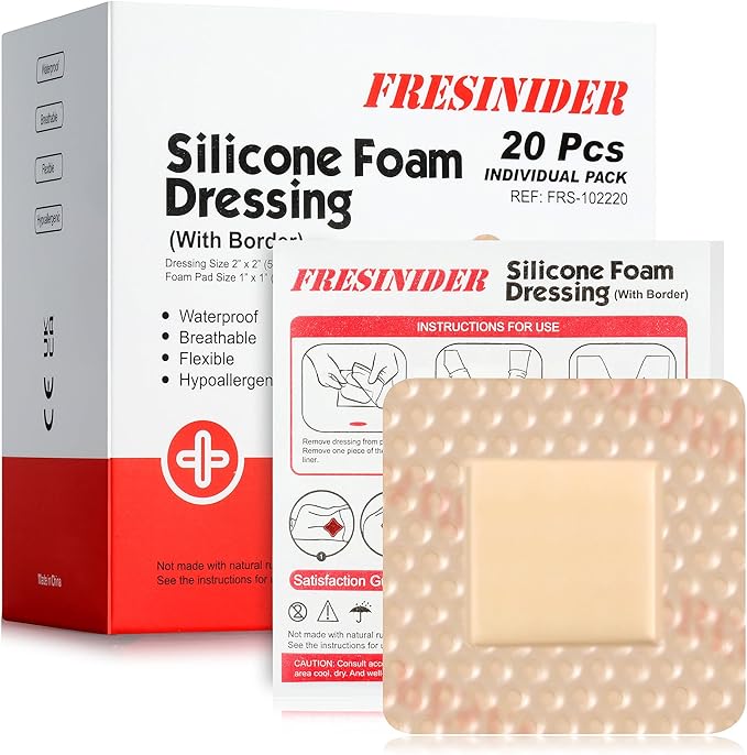 Silicone Foam Dressing with Adhesive Border – Wound Dressing Bandage – Silicone Foam Pad – Pack of 20 – 2 x 2 Inches Large Waterproof Bandages – Self Adhesive Wound Care and Dressings