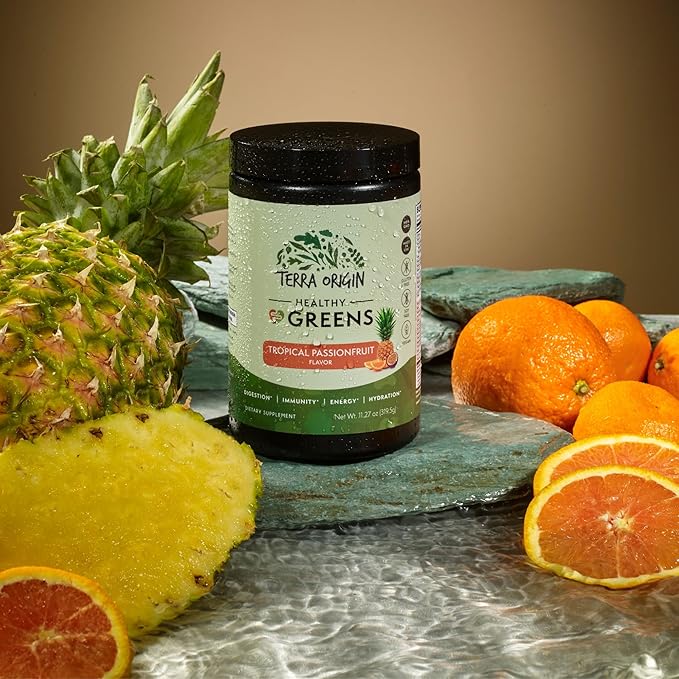 TERRA ORIGIN Healthy Greens Powder Supplement | Superfood Digestive Enzyme & Probiotic Blends | Immune, Gut, and Digestive Support for Women | Tropical Passion Fruit (30 Servings)