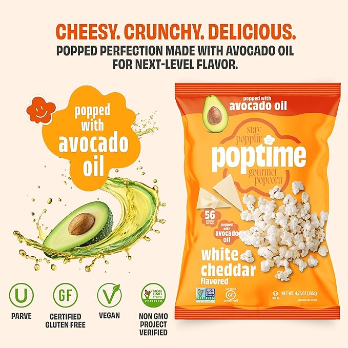 Poptime White Cheddar Popcorn Snack Bags – Gourmet Popcorn Bags, Healthy Snack With Heart-Healthy Avocado Oil, Crunchy, Cheesy, Gluten Free, Vegan, Low Calorie, Non-GMO, Kosher - 4.75 oz - Pack 12