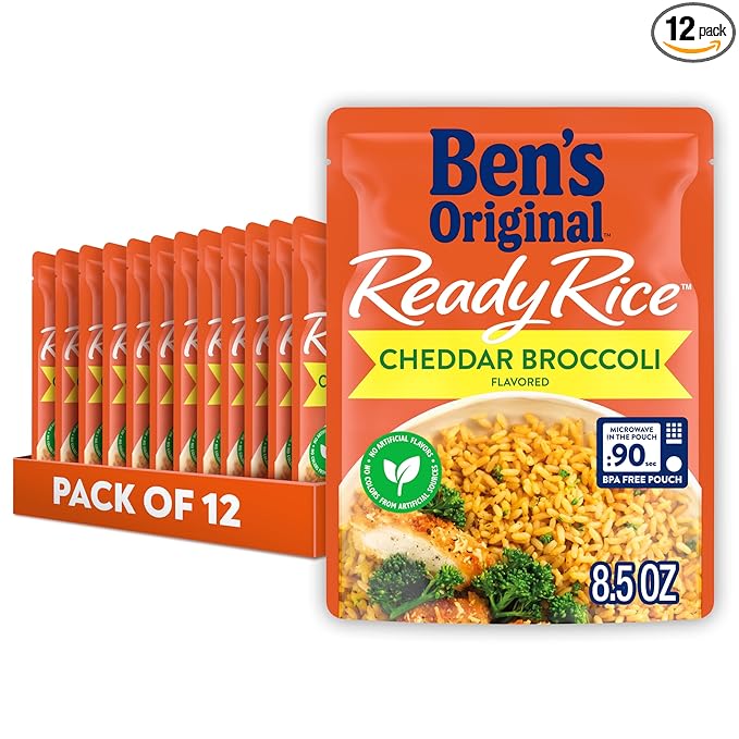 BEN'S ORIGINAL Ready Rice Cheddar Broccoli Flavored Rice, Easy Dinner Side, 8.5 OZ Pouch (Pack of 12)