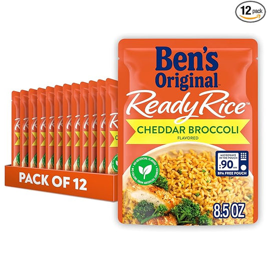 BEN'S ORIGINAL Ready Rice Cheddar Broccoli Flavored Rice, Easy Dinner Side, 8.5 OZ Pouch (Pack of 12)