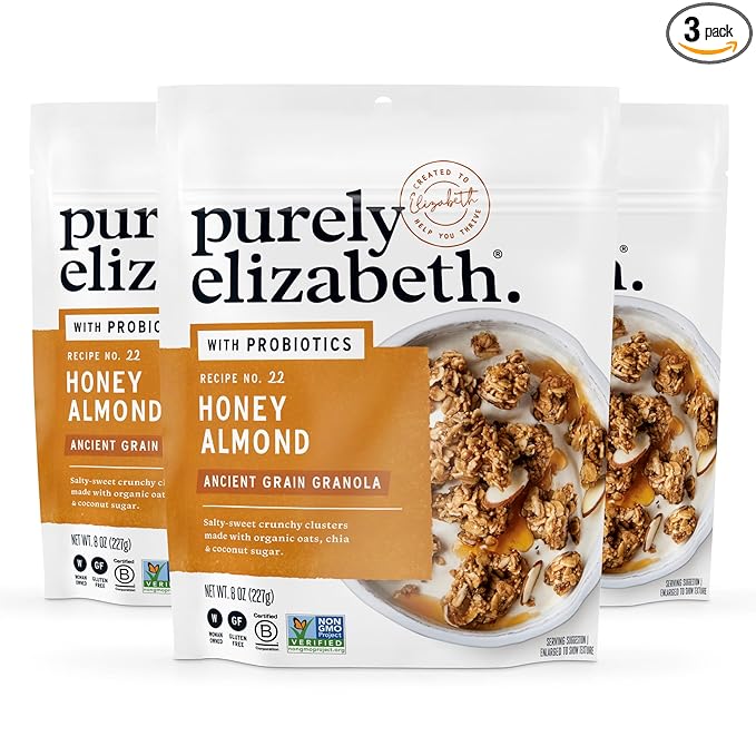 Purely Elizabeth, Honey Almond, Ancient Grain Granola with Probiotics, Gluten-Free (3 Ct, 8oz Bags)