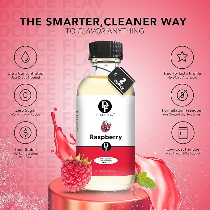 Dolce Flav Raspberry Extract (Oil-Soluble) 8 oz – Kosher, Sugar-Free, Concentrated Raspberry Flavoring for Chocolates, Candies & Baking, Includes Measured Dropper