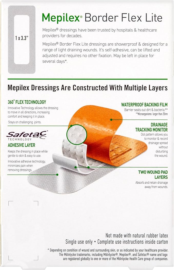 Mepilex Border Flex Lite 2 x 5in (5x12.5 cm) Hospital Grade Dressings for Minor Surgical Incisions, Abrasions and Blisters for up to Several Day Use