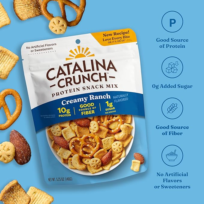 Catalina Crunch Protein Snack Mix | 10g Protein, 1g Sugar per Serving | Good Source of Fiber, Keto, Gluten Free | Creamy Ranch, 5.25 Ounce Bag (Pack of 3) - Packaging May Vary