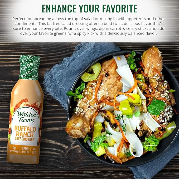 Walden Farms Buffalo Ranch Dressing & Dip – Calorie-Free, Gluten-Free, Low Carb, Keto-Friendly, Sugar-Free, Fat-Free, Dairy-Free Spicy Buffalo Ranch Flavor – 12 oz Bottle