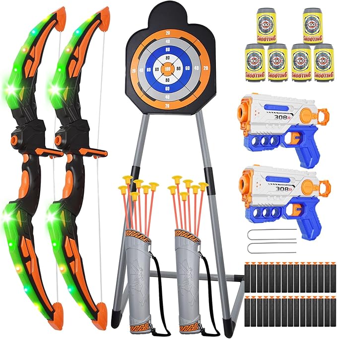2 Pack Bow and Arrow Toy for Kids 3-8-12, LED Light Up Archery Set with Shooting Game Toy & Standing Target for Boys and Girls Age 5 6 7 8 9 10 11+, Indoor Outdoor Activity Toys for Birthday