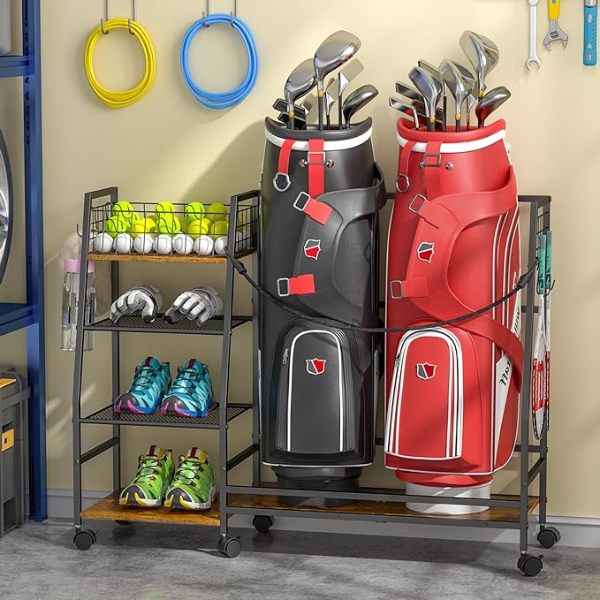 Golf Bag Storage Rack for Garage with Wheels, Organizer for 2 Golf Bag and Equipment Accessories, Golf Organizer Stand Ideal for Home, Garage, Club, Shed, Basement - Sturdy and Durable (Black)