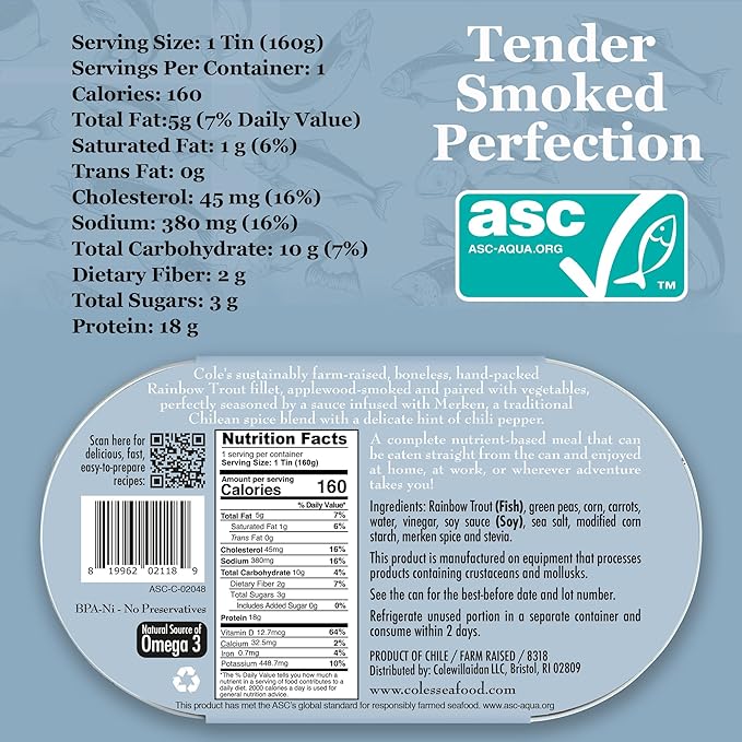 COLE’S - Smoked Rainbow Trout Fillet with Vegetables | Ready to Eat Meal | 5.6 oz Hand-Packed Canned Fish | 18g Protein | High in Vitamin D | 12 pack
