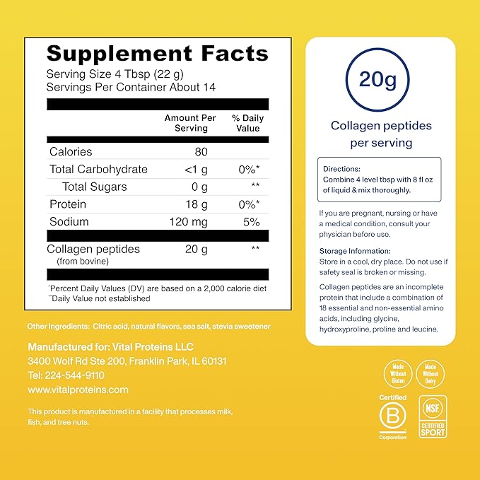 Vital Proteins Collagen Peptides Powder, Collagen Supplements, Hair & Skin Health, 14 Servings, Lemon
