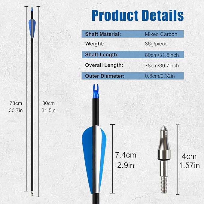 24Pcs 31" Carbon Archery Arrows, Spine Matched for Hunting & Target Practice for Compound & Recurve Bows, Durable Carbon Shaft and Removable Tips‌