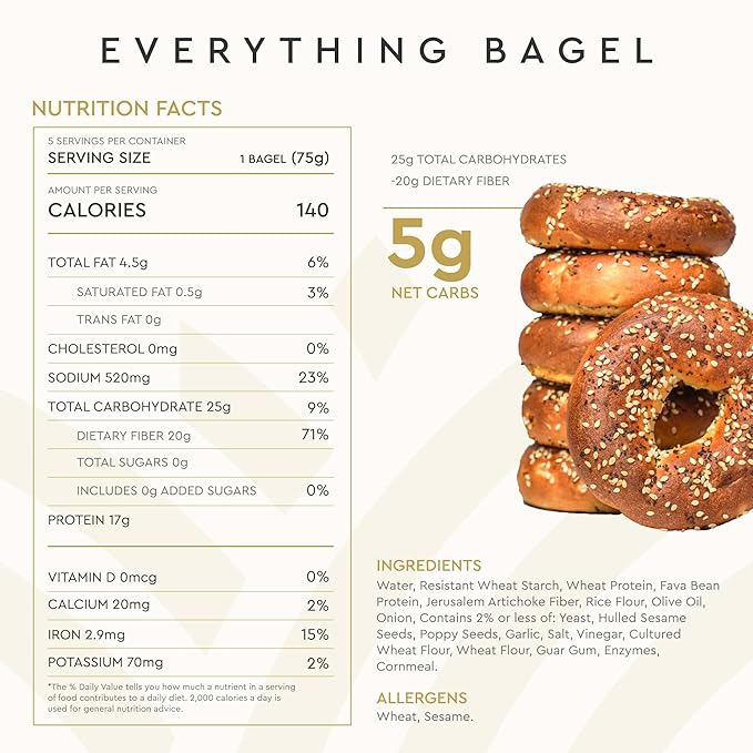 Hero Everything Bagel - 5g Net Carbs, 17g Protein, High Fiber, 140 Calories per serving (4 packs (20 bagels))